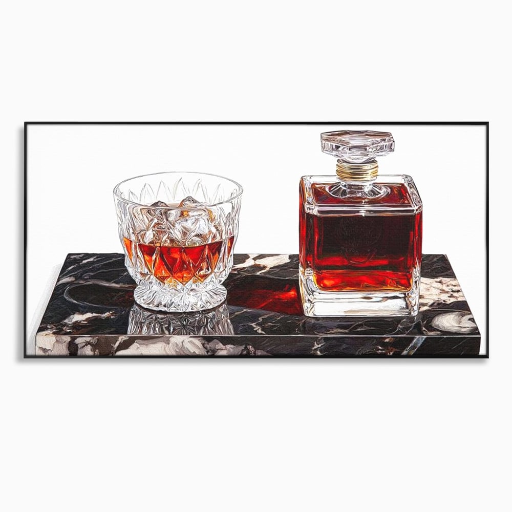Tablou canvas cu tablou canvas cu pahar de whisky si carafa, in rama de aluminiu negru